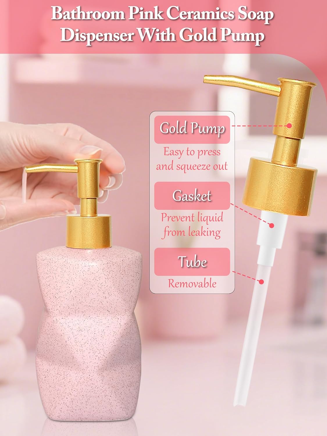 Bathroom Accessories Set,4 Pcs Bathroom Accessory Set,Includes Lotion Soap Dispenser,Toothbrush Holder,Tumbler,Soap Dish,Ceramic Bathroom Sets Complete,Bathroom Sink Set for Modern Home Decor(Pink)