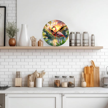 Wall Clock, Summer Pink Flamingo Silent Non Ticking Battery Operated Round Decorative Indoor Outdoor Clocks for Living Room Kitchen Bedroom Bathroom Patio 12"