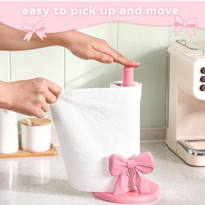Leinuosen Pink Bow Paper Towel Holder Cute Resin Paper Towel for Kitchen Countertop Coquette Crafts Pink Bow Napkin Holder Decorative Gifts for Home Women Bathroom Free-Standing