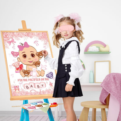Pin The Pacifier On The Baby Party Games, Pink Baby Shower Decoration Bow Party Decorations with Large Poster 48 Pacifier Stickers Game for Baby Shower Party Bow Coquette Birthday Decorations