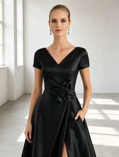 Short Sleeve Prom Dresses for Women 3D Flower Satin Formal Evening Gown with Slit V Neck Long Mothet of The Bride Dress