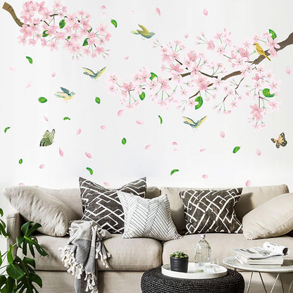 Peach Blossom Flower Wall Decals Pink Floral Bird Tree Branch Wall Sticker Creative Peel and Stick Removable Wall Art Decor for Living Room Bedroom Home Office (PeachBlossom)