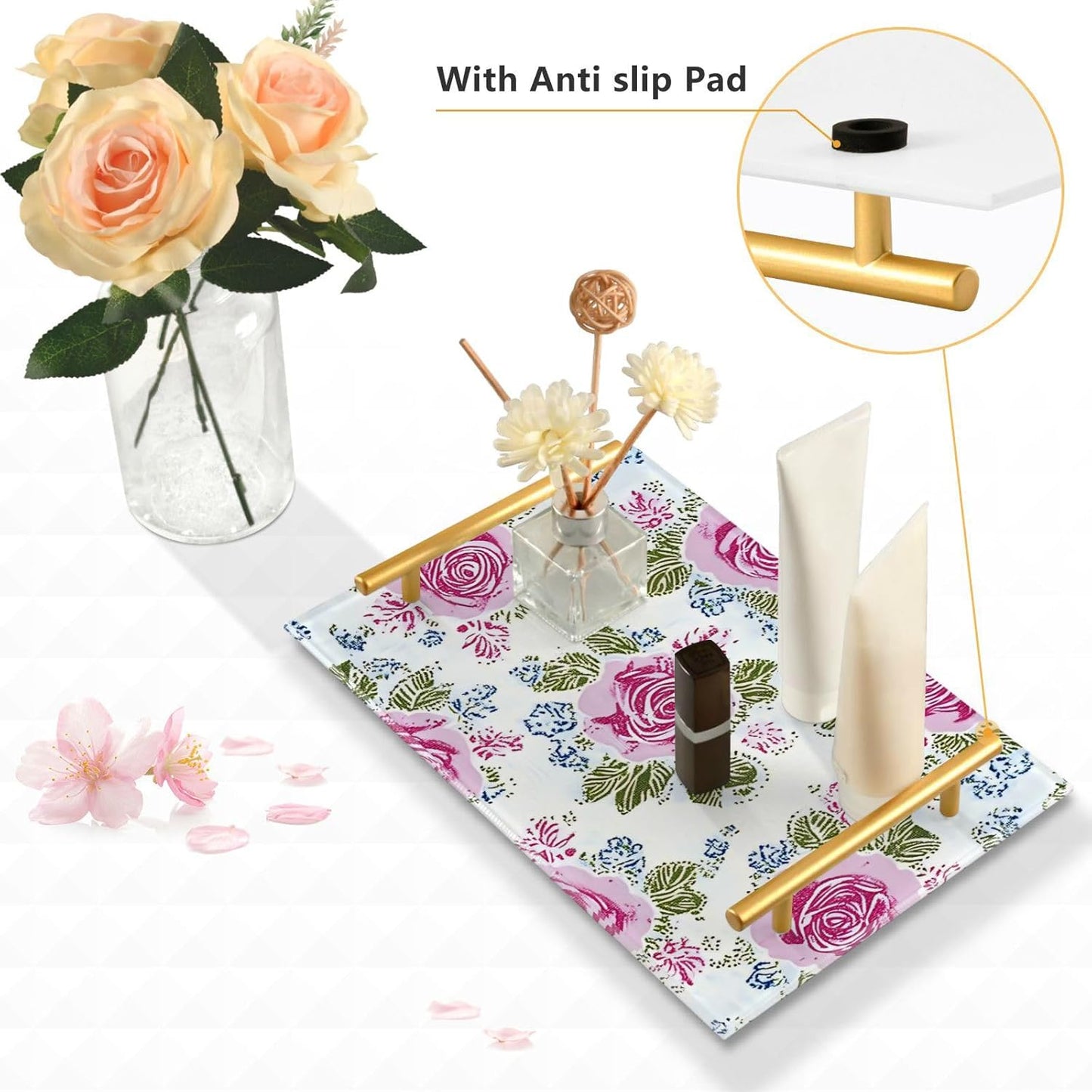 Retro Ancient Roses Peach Decorative Breakfast Tray with Handles Rectangular Serving Tray for Jewelry Perfume for Food Service bandejas decorativas para el Cafe
