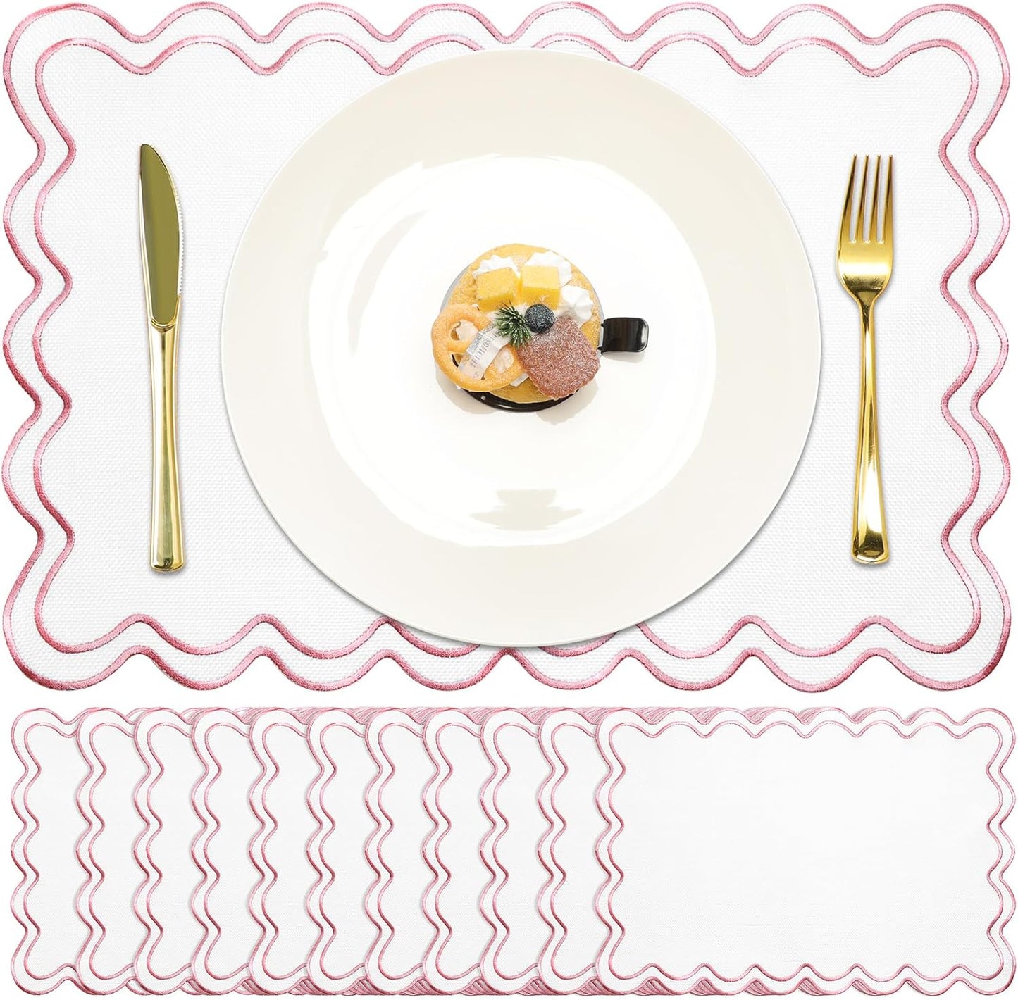 Linen Placemats Set of 12 Scalloped Placemat 13 X19 Wavy Embroidery Double Layered Washable Farmhouse Dinner Fabric Table Mat Napkin for Wedding Party Restaurant(Regular,Pink)