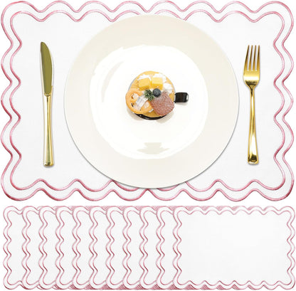 Linen Placemats Set of 12 Scalloped Placemat 13 X19 Wavy Embroidery Double Layered Washable Farmhouse Dinner Fabric Table Mat Napkin for Wedding Party Restaurant(Regular,Pink)