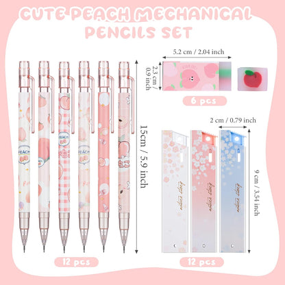 Breling 30 Pcs Kawaii Peach Mechanical Pencil Gift Set 12 Mechanical Japanese Pencils 6 Cute Peach Eraser 12 Tube HB Refill Graduation First Day of School Office Gift(0.5mm)