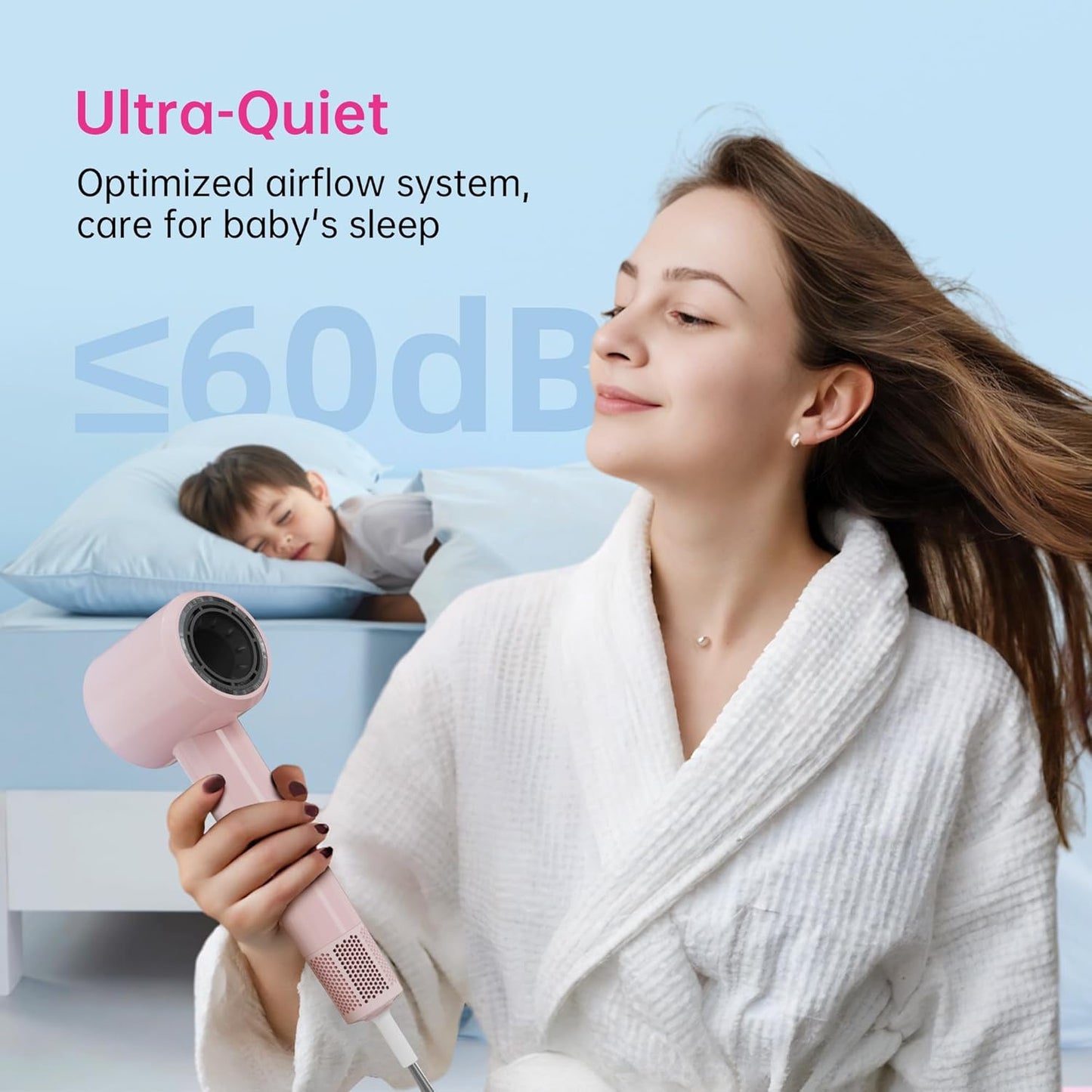 Ionic Hair Dryer, 110000 RPM High-Speed BLDC Motor, Fast Drying Blow Dryer with Negative Ion Technology, 8 Heat & Speed Modes for Curly Thick & Fine Hair, Low Noise Lightweight, Baby Pink