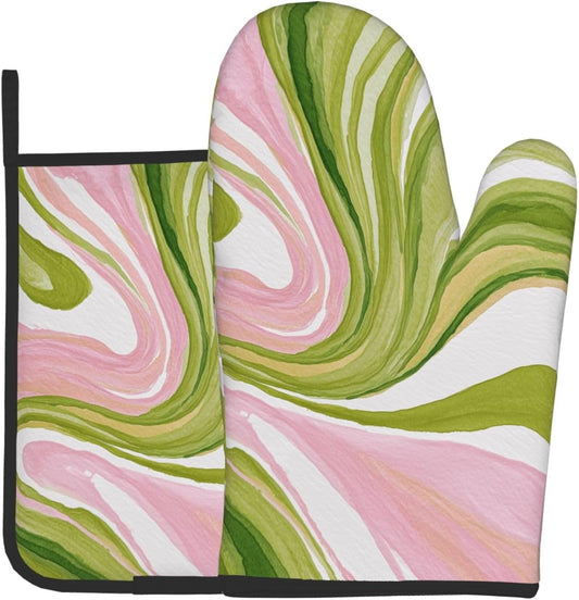 Watercolor Light Pink Green Swirl Marble Oven Mitts and Pot Holders Sets,Heat Resistant Potholder Kitchen Decor for Cooking Baking BBQ, Oven Glove Set