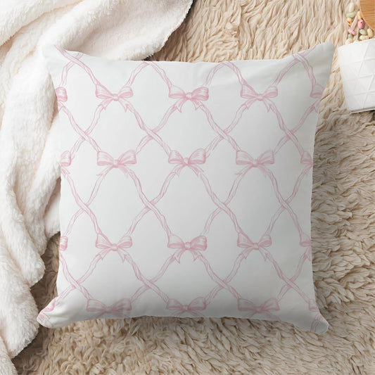 Bow Pillow Cover 18x18 – Pink Vintage Ribbon Throw Pillow Case with Lattice Pattern – Pastel Coquette Cushion for Bedroom, Sofa or Feminine Room Decor