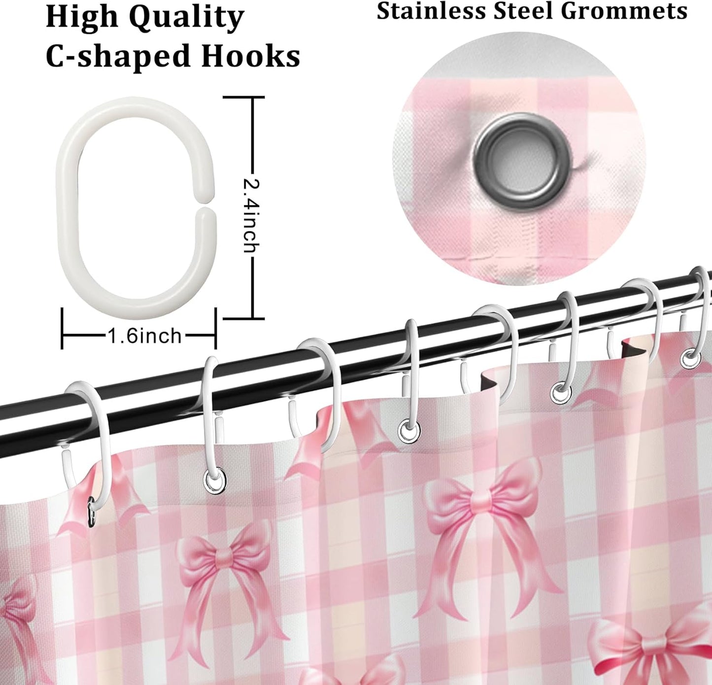 AOFOTO Pink Bow Shower Curtain with Tassels, Pink Buffalo Plaid Bath Curtain Accessories Set with Hooks Cute Aesthetic Art Girly Bathroom Tassel Shower Curtains for Women Girl Home Decor 72x72 Inch