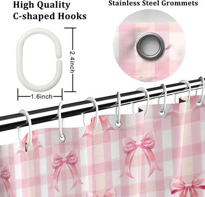 AOFOTO Pink Bow Shower Curtain with Tassels, Pink Buffalo Plaid Bath Curtain Accessories Set with Hooks Cute Aesthetic Art Girly Bathroom Tassel Shower Curtains for Women Girl Home Decor 72x72 Inch