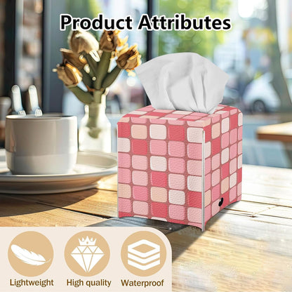 Tissue Box Cover, Square with Bottom Metal Button Belt, PU Leather Pink Checkerboard Decorative Tissue Holder and Organizer for Tabletop, Bathroom, Office, Car