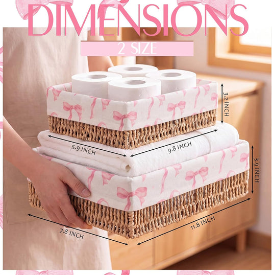SiliFine Pink Bow Toilet Paper Storage Basket Set of 2 Chinoiserie Decorative Wicker Bathroom Organizer for Toilet Tank Trays Holder Bin for Shelves Fits with Any Bathroom Decorative