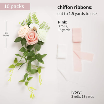DORIS HOME Wedding Aisle Decorations Pink Pew Flowers Set of 10 for Wedding Ceremony Party Chair Decor with Artificial Flowers Eucalyptus and Ribbons