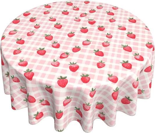 Famame Pink Gingham Cute Strawberry Round Tablecloth 60 inch Table Covers Stain Winkle Resistant Washable Tablecloths for Kitchen Indoor Outdoor Party