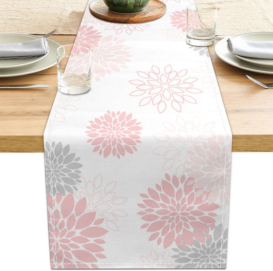 Dahlia Flower Table Runner 13x71 Inch Farmhouse Pink Gray Runners Modern Table Decorations Rustic Geometric Coffee Table Runner for Home Kitchen Dining Room Party (13"x71", Dahlia Floral-Pink)