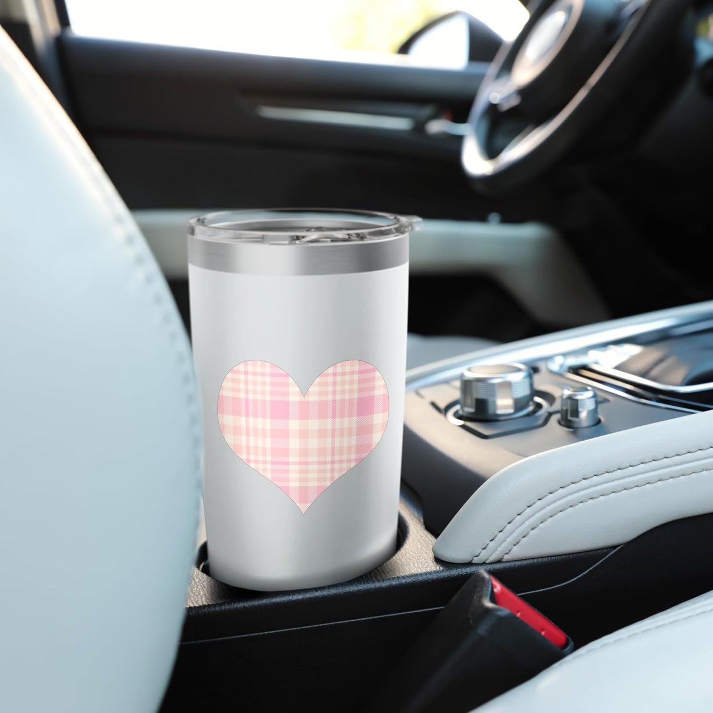 Cute Pink Peach Plaid Checkered Gingham Pattern Minimalist Stainless Steel Insulated Tumbler