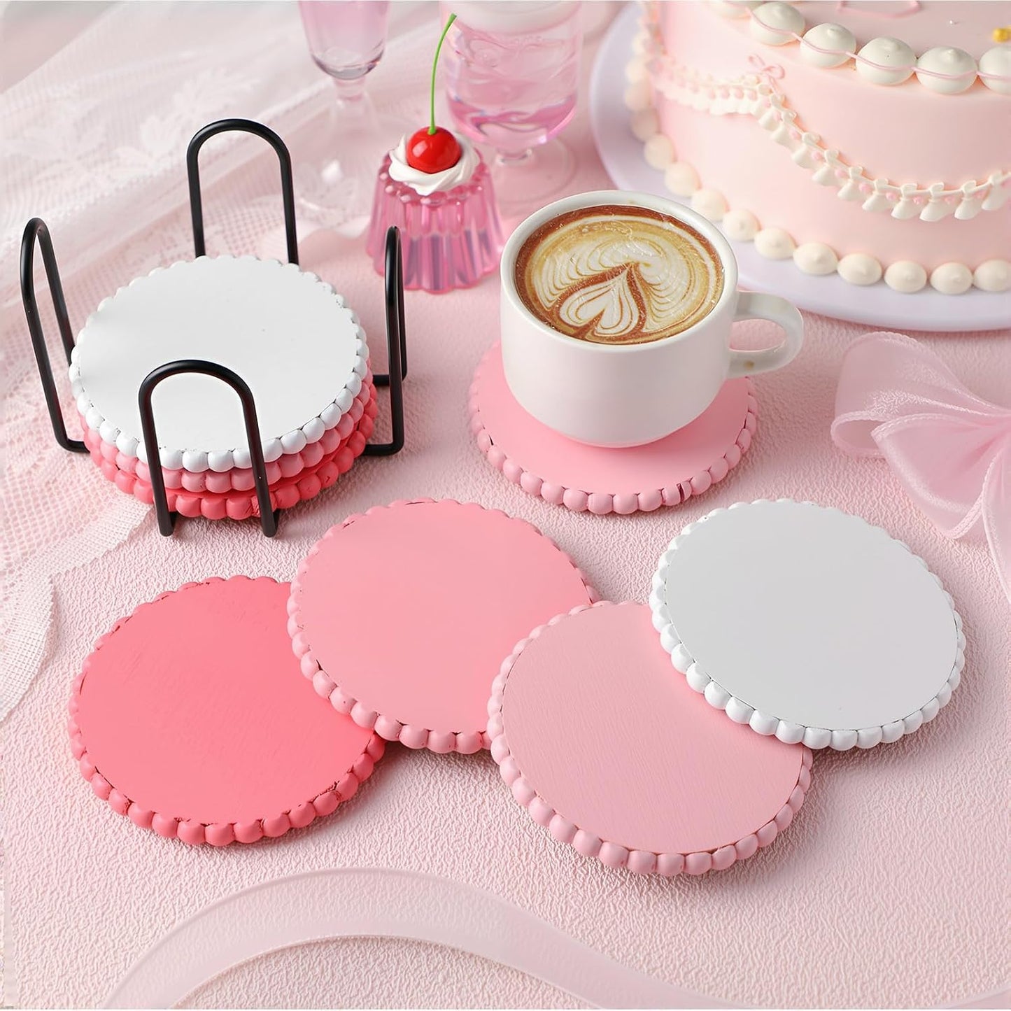 Chengu 8 Pcs Pink Wooden Bead Coasters with Metal Holder Cute Pink Coquette Coasters Desk Decorations Absorbent Rustic Farmhouse Decorative Wooden Cup Mat for Bar Kitchen Housewarming Gifts