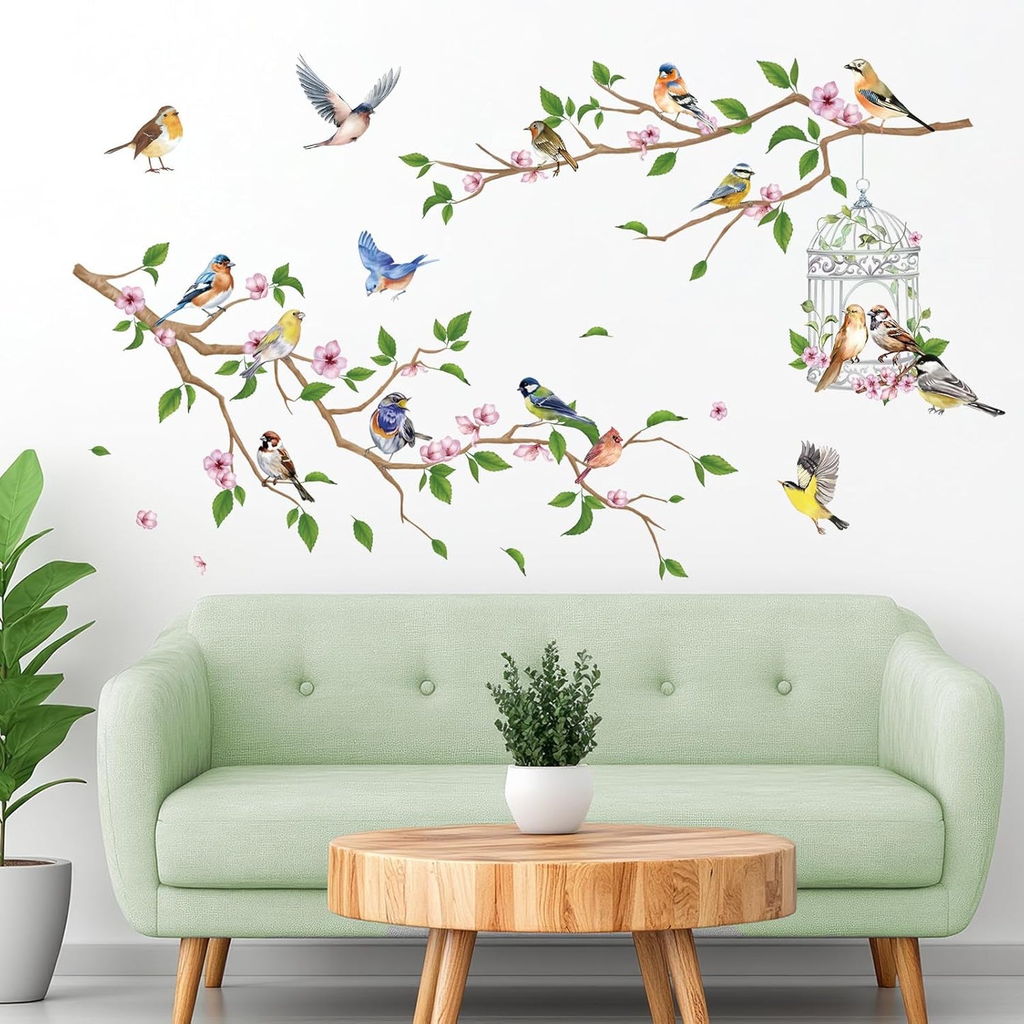 Flower Branches and Birds Wall Decals, Peach Tree with Birdcage Garden Themed Wall Stickers, Removable Self-Adhesive Wall Mural for Living Room, Bedroom