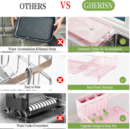 Dish Drainer Rack with Drip Tray, Sink Dish Drainer with Drainage Spout, Stainless Steel Dish Drying Rack with Cups, Utensil & Cutting Board Holders for Kitchen Counter Space-Saving, Pink