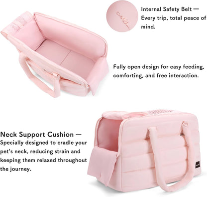 Dog Purse Carrier for Small Dog Cat Rabbit up to 13 lbs, Lightweight Portable Soft Sided Pet Purses, Quilted Puffy Tote Puppy Carrier with Large Pockets for Hiking, Travel, Vet Pink