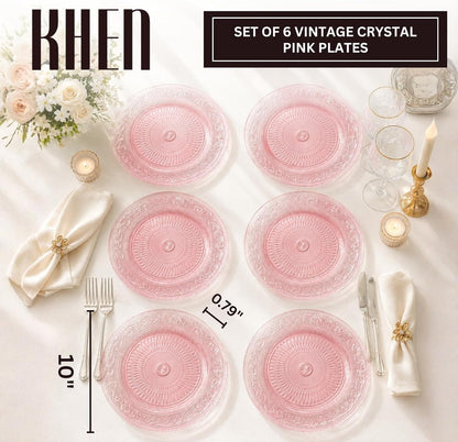 Art Deco Vintage Crystal Pink Plates | Set of 6 | Unique 10.5" Dinner or Charger Plates - Dinner, Charger, Dessert Server, Appetizer Plate, Snack, Fruit, Hand Wash, Housewarming Gift