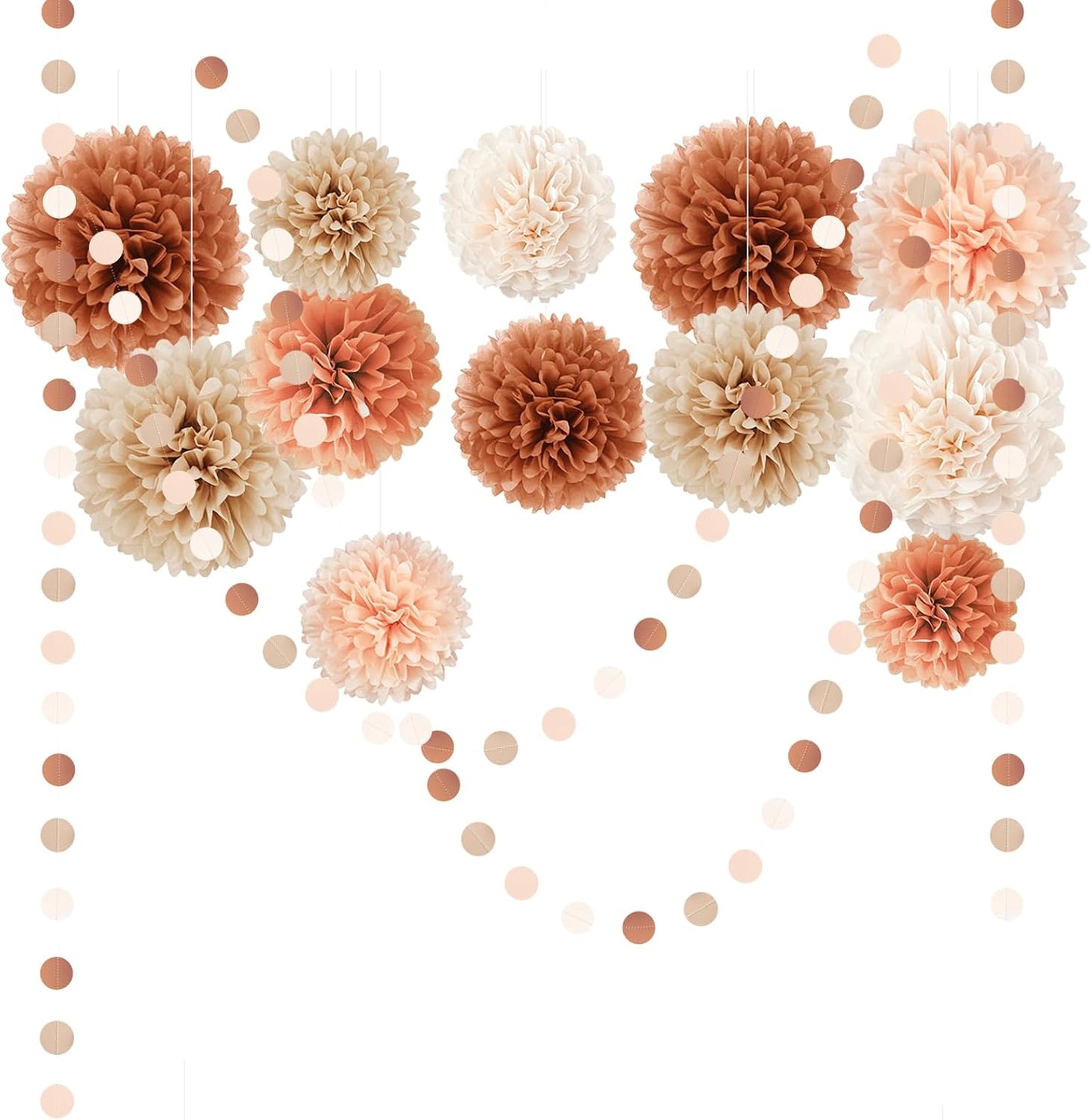 AOBKIAT Fall Wedding Baby Shower Decorations Boho Style,15PCS | for Birthday Hanging Backdrop,Retro Bridal Shower,Halloween,Thanksgiving,with Brown Orange Peach Paper Pom Poms,Party Garland