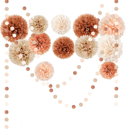 AOBKIAT Fall Wedding Baby Shower Decorations Boho Style,15PCS | for Birthday Hanging Backdrop,Retro Bridal Shower,Halloween,Thanksgiving,with Brown Orange Peach Paper Pom Poms,Party Garland