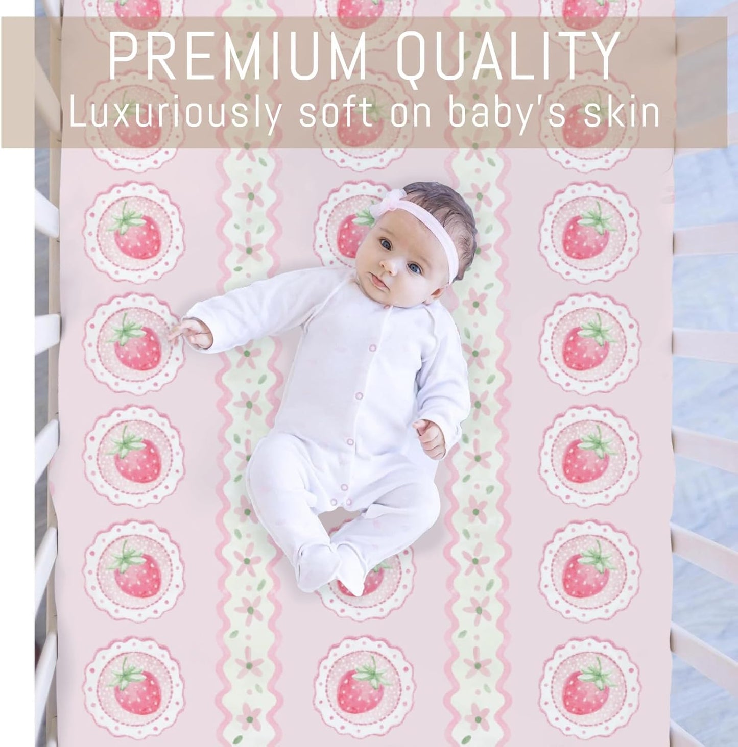 Pastel Strawberry Floral Baby Crib Sheets for Girls Pink Strawberries Stripes Soft Snug Fitted Crib Mattress Covers for 52''x28'' Standard Crib & Toddler Mattress Boho Summer Fruits Bed Sheets