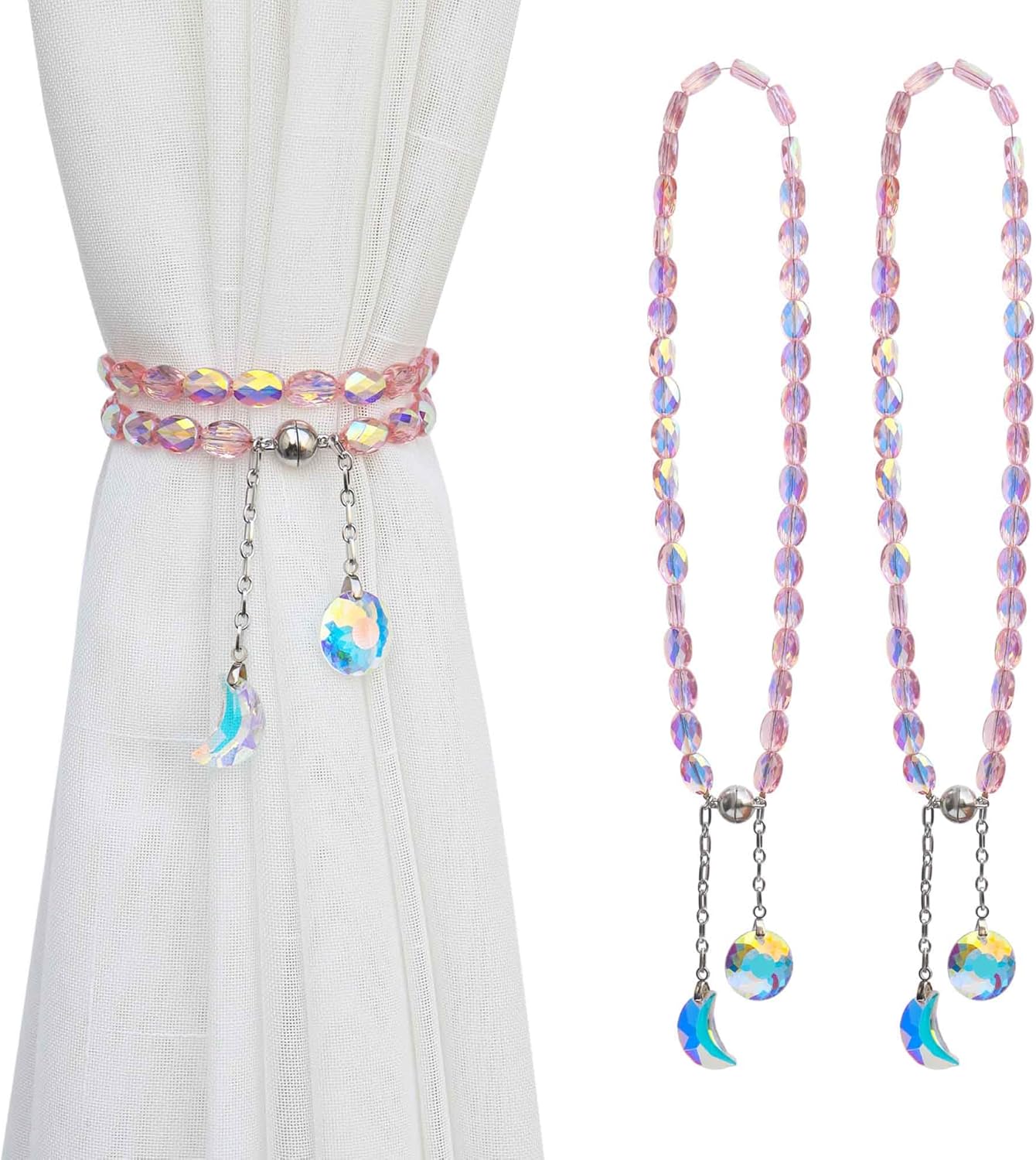 PEDOBO Magnetic Curtain Tiebacks, 2 Pack Crystal Beaded Sun & Moon Pendants Sheers/Draperies Holdbacks for Window Home Office Decor (Pink)