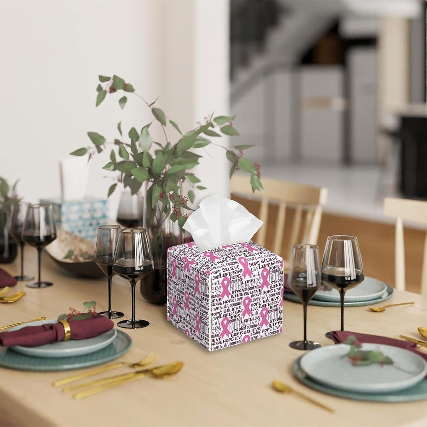 Pink Ribbon Tissue Box Cover,Breast Cancer PU Leather Tissue Box Holder Square,Modern Home Decoration for Bathroom Living Room Kitchen Office Car,5.2"×5.2"×5.2"