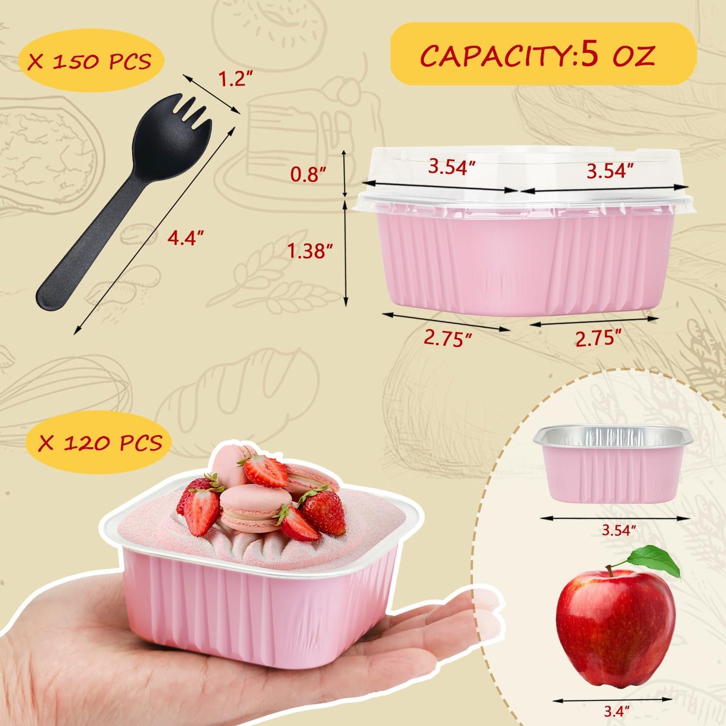 120pack 5oz Mini Cake Tins Cupcake Pan with Lids,LNYZQUS Aluminum Foil Baking Cups,Disposable Ramekins Small Brownie Muffin Pans Mini Cheesecake Containers for Home Bakery-Pink