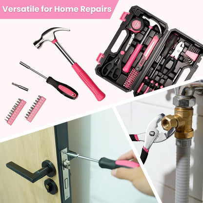 39-Piece Pink Tool Set - General Household Hand Tool Kit with Plastic Toolbox Storage Case, Compact and Portable for DIY Projects, Home Repairs & Maintenance
