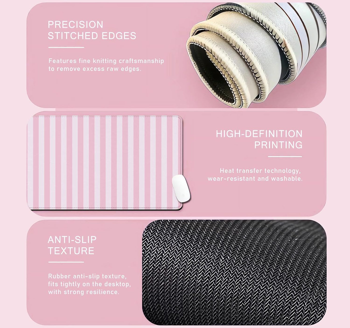 Light Pink Stripe Large Mouse Pad, Cute Pastel Desk Mat, Kawaii Aesthetic Computer Desk Pad, Desktop Mat, Extended Mat for Home Office Desk Decor for Women Gaming Keyboard Pad, 31.5 x 11.8 inch