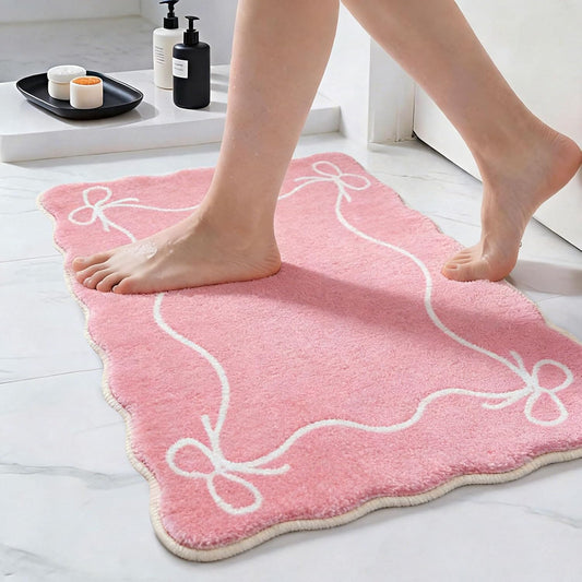 Light Pink Bow Bath Mat Cute Bathroom Rugs, Soft Absorbent Bow Carpet, Girly Bathroom Decor Rugs Non Slip & Machine Washable