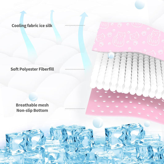 NWK Pet Cooling Mat -Q-Max>0.345 Ice Silk Cooling Mat for Dogs & Cats Portable & Washable Pet Cooling Blanket, Car Seats, Beds for Summer (Pink Cat, 27'' X 20'' X 0.3'')