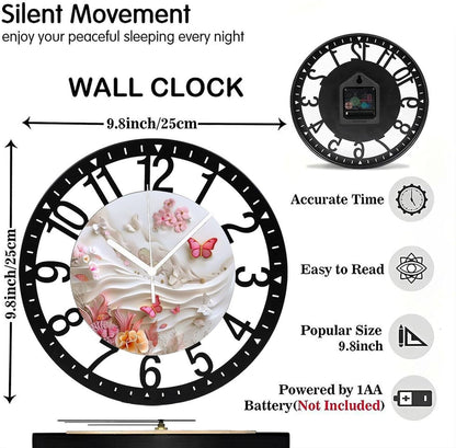 Metal Wall Clock for Living Room -10" Pink Butterflies and Fish in Coral Garden Silent Non Ticking,Battery Operated, Antique Clocks for Farmhouse,Bedroom,Kitchen - Arabic Numerals