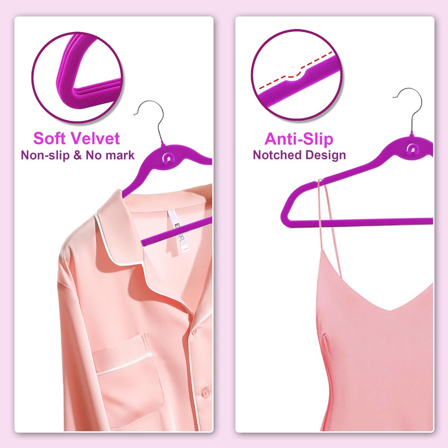 Multi-Color Velvet Hangers 50 Pack with Cascading Hooks, Non-Slip Black, Pink, White, Grey, and Purple Velvet Hangers for Clothes, Suits, and Coats