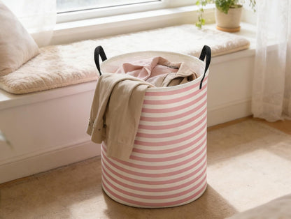 ESSME Kids Laundry Basket,Pink Hamper Collapsible Canvas Waterproof Storage Bin for Girls, Cute Hamper,Gift Baskets(Pink stripes)