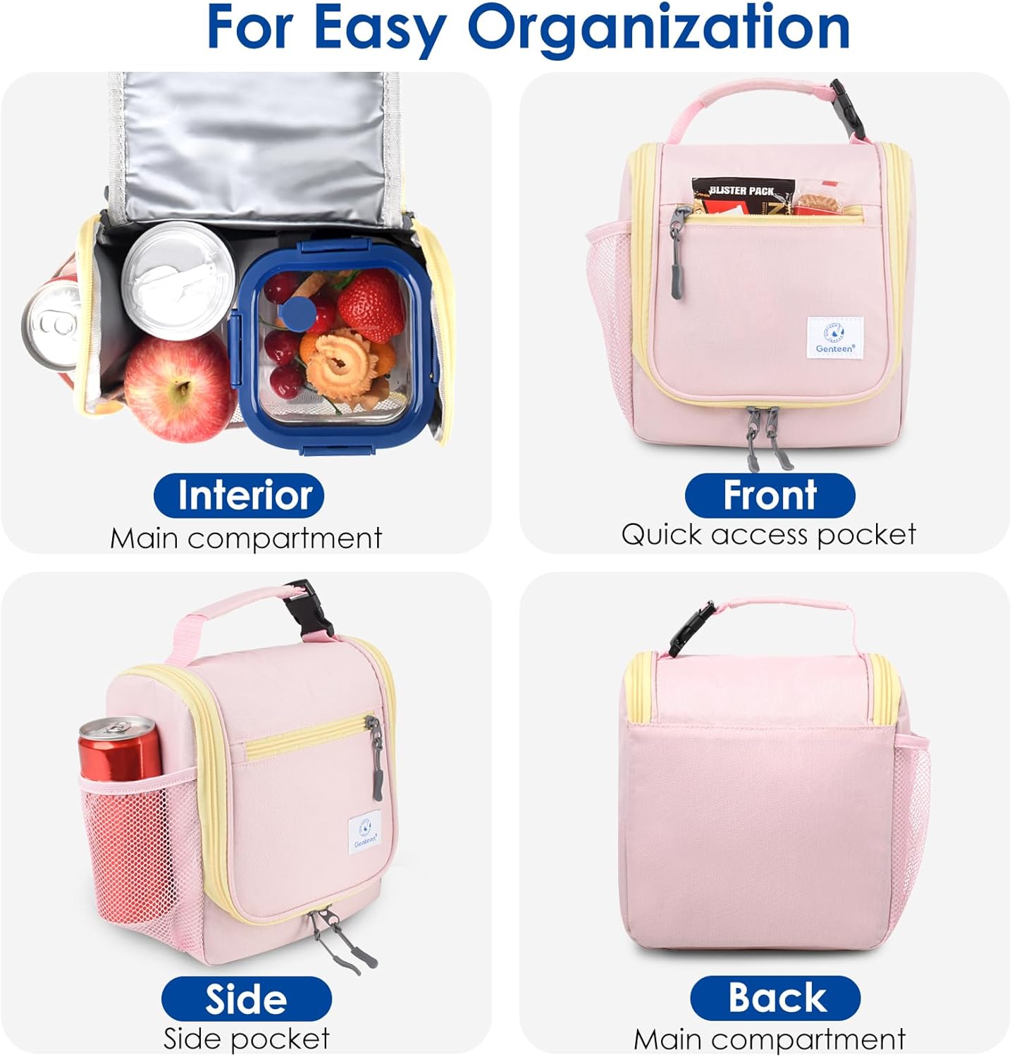 Genteen Kids Lunch Box, Insulated Lunch Bag for Kids, Toddler, Girl, and Boy; Holds Lunch Box, Water Bottle, & Snacks; Easy-Clean Water-Resistant Fabric & Multiple Zippered Pockets (Pink)