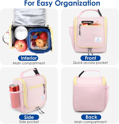 Genteen Kids Lunch Box, Insulated Lunch Bag for Kids, Toddler, Girl, and Boy; Holds Lunch Box, Water Bottle, & Snacks; Easy-Clean Water-Resistant Fabric & Multiple Zippered Pockets (Pink)
