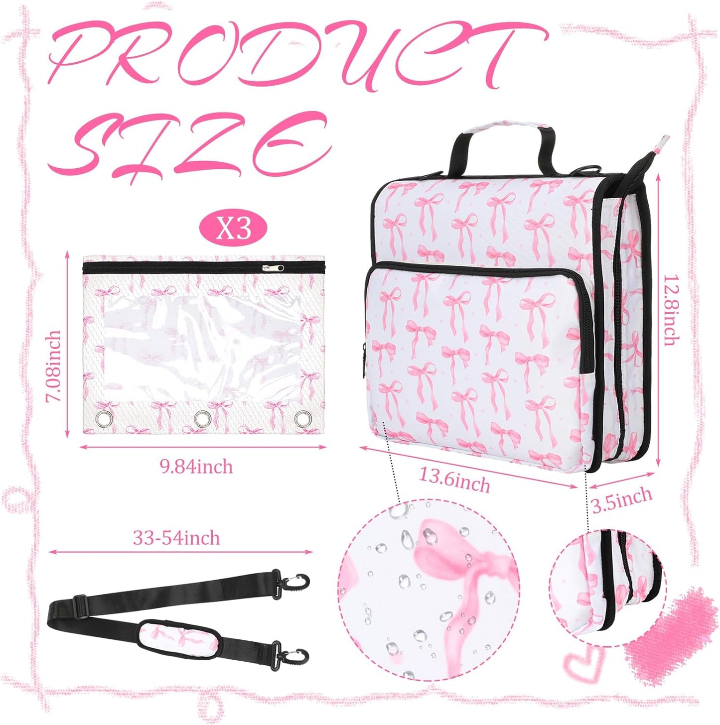 4 Pcs Pink Bow Zipper Binder with Pouch Bag Set 1.5 Inch 3-Ring Expanding Folders with Shoulder Straps and Handle Coquette Bag Bowknot Keeper Watercolor Zipper Case