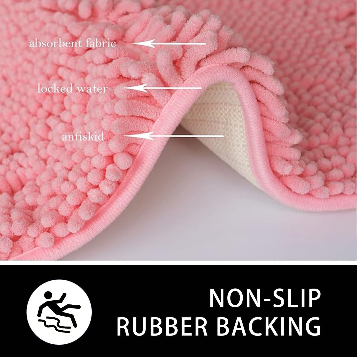 U-Shaped Toilet Rug, Chenille Contour Bathroom Mat, Non-Slip PVC Backing, Machine Washable, 20x20, Pink