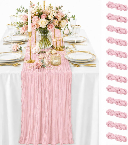 12 Pack Light Pink Cheesecloth Table Runners 22x120 Inch Boho Rustic Table Runner for Wedding Bridal Shower Party Banquet Farmhouse Kitchen & Dining Table Decor