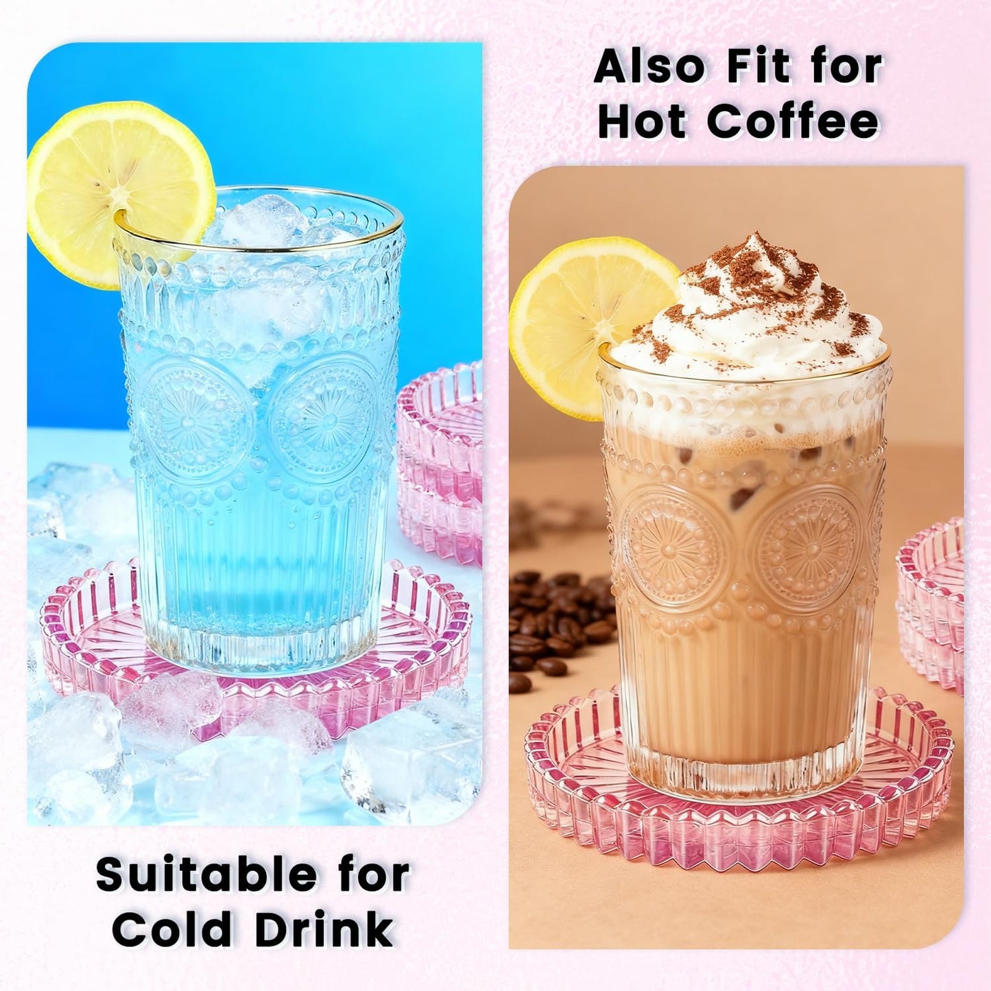 5 Pack Clear Glass Coaster for Drinks, Crystal Coasters Round Cup Coaster with Beads Edge, Coffee Table Decor for Restaurant bar Kitchen Dining Table (Pink)