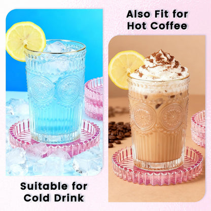 5 Pack Clear Glass Coaster for Drinks, Crystal Coasters Round Cup Coaster with Beads Edge, Coffee Table Decor for Restaurant bar Kitchen Dining Table (Pink)