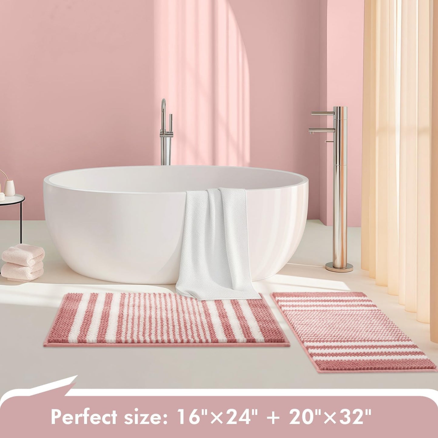 Tindbea Bathroom Rugs Set 2 Piece, Extra Soft and Absorbent Fluffy Striped Chenille Bath Mat Rug Set, Non Slip Bathroom Floor Mat, Machine Washable (20" x 32" Plus 16" x 24", Pink)
