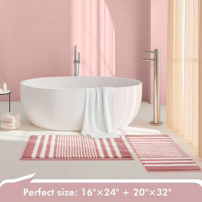 Tindbea Bathroom Rugs Set 2 Piece, Extra Soft and Absorbent Fluffy Striped Chenille Bath Mat Rug Set, Non Slip Bathroom Floor Mat, Machine Washable (20" x 32" Plus 16" x 24", Pink)