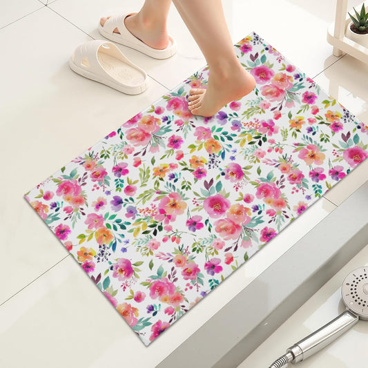 Pink Floral Bathroom Rug Spring Watercolor Boho Non Slip Low Pile Bath Mats Machine Washable Farmhouse Flower Bath Rugs for Bathroom Shower Tub Sink Laundry Room 20x32 Inch
