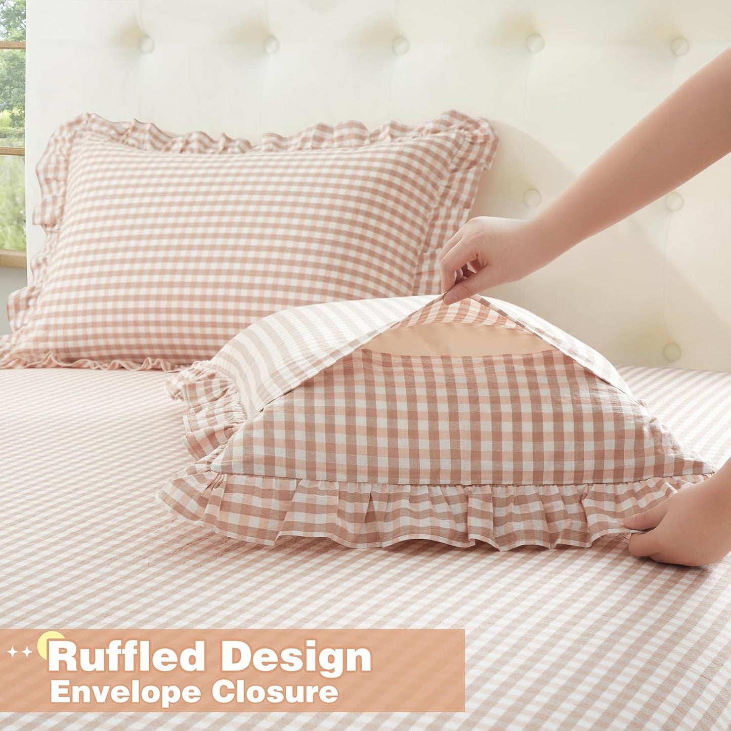 Ruffle Gingham Queen Sheet Set - 4 Piece Light Pink Plaid Cotton Bed Sheets Queen Size - 16 Inch Deep Pocket Checkered Ruffled Sheets Farmhouse Decor - Linen-Feel & Breathable